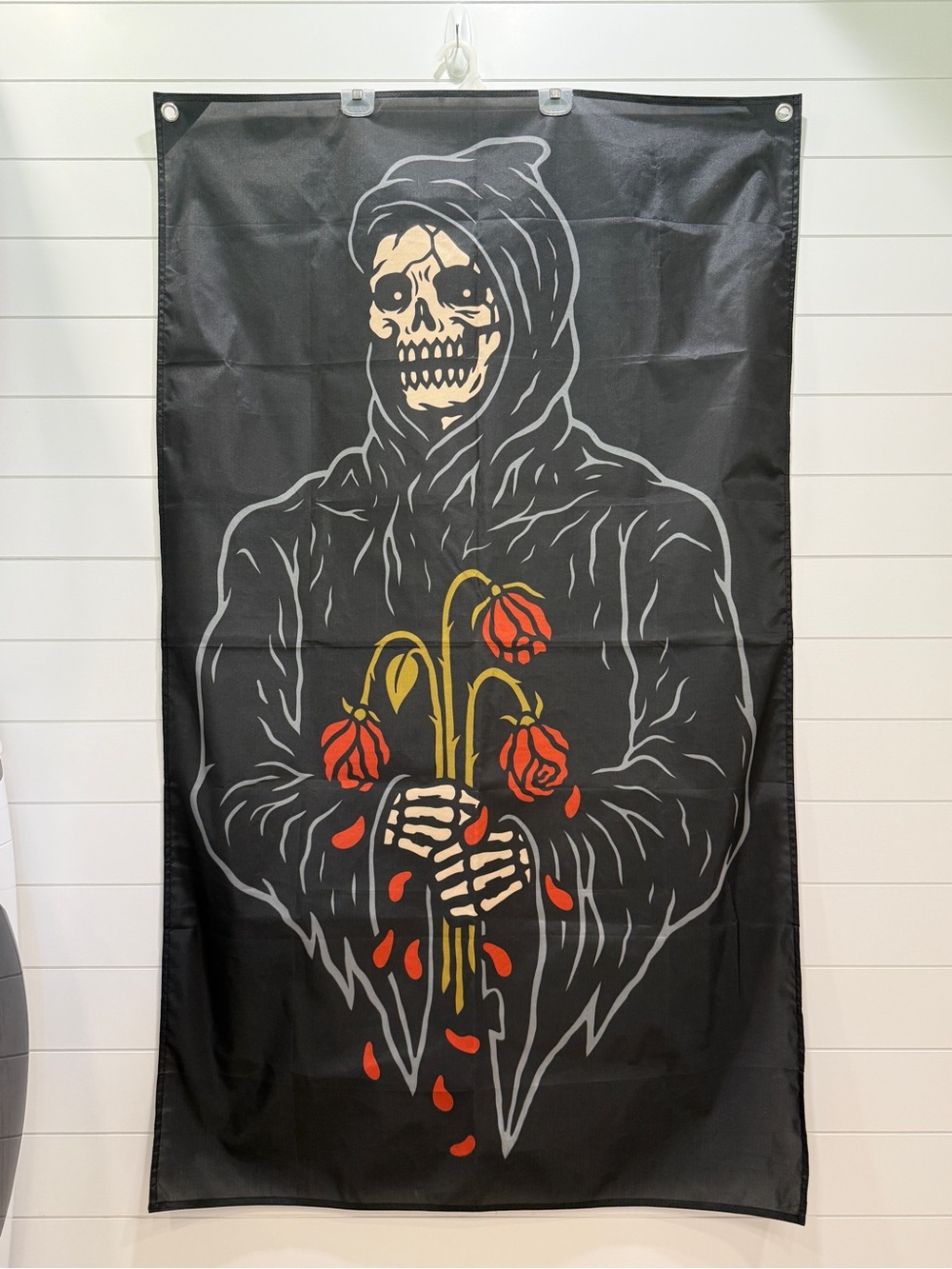 Black Grim Reaper Wall Banner with Red Roses - Decorative Home Wall Decor